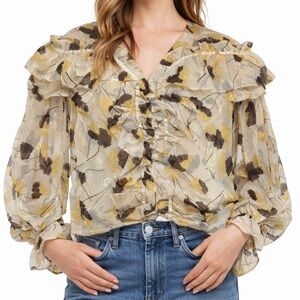 Mazik Sheer Floral Ruffle Blouse Gold Brown Long Sleeve V Neck Size M